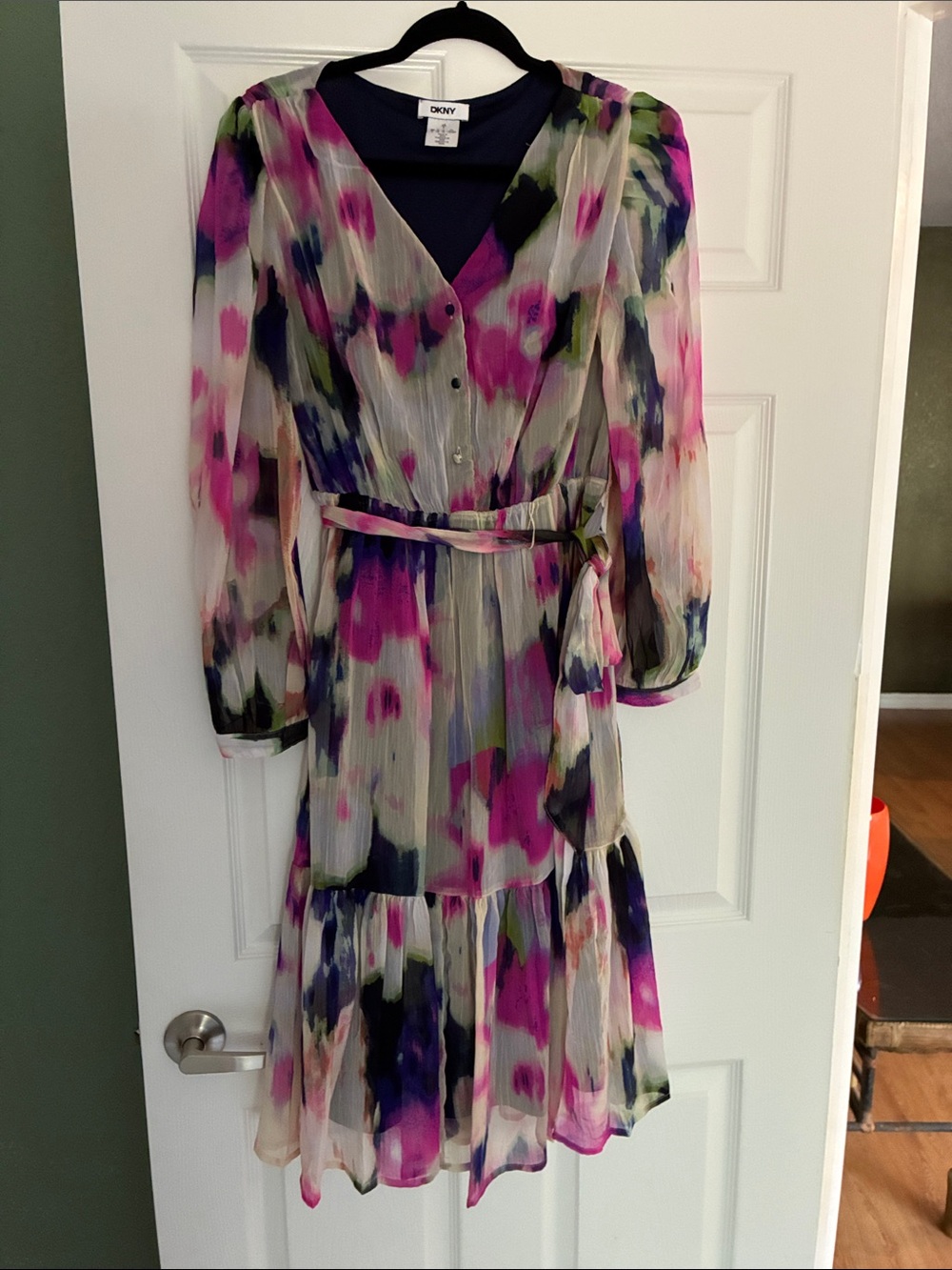 DKNY Pink, Navy and Green Watercolor Belted Midi Dress